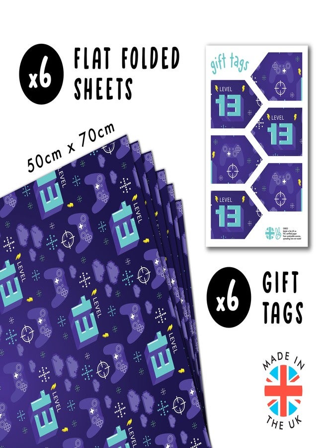CENTRAL 23 Boys Wrapping Paper - Gamer - 13th Birthday - 6 Sheets of Gift Wrap - 13 Year Old Gaming Gifts - Teenager - Comes with Stickers - Recyclable - Image 2